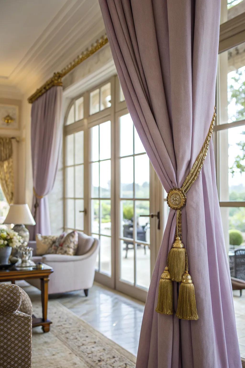 Soft purple drapes with gold tiebacks add polish to any space.