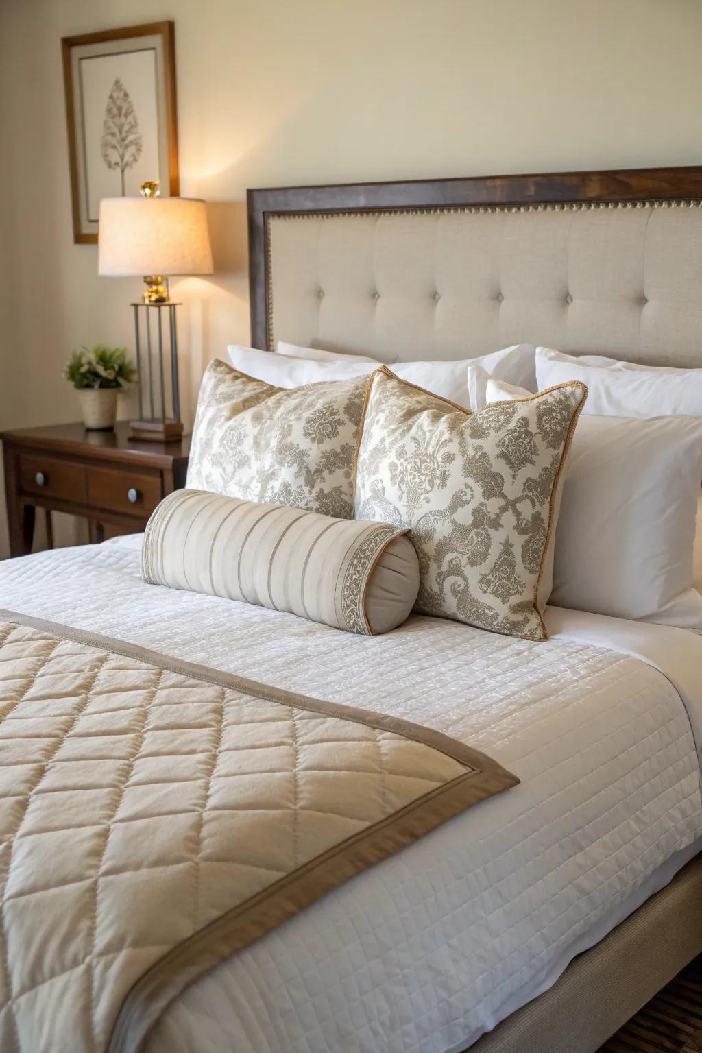 A cylindrical pillow bestows refinement and vogue.