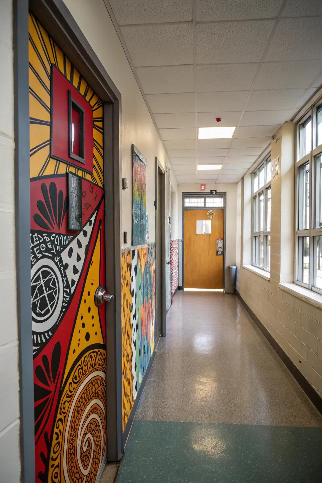 Make an awesome statement with vibrant, graphic door decorations.