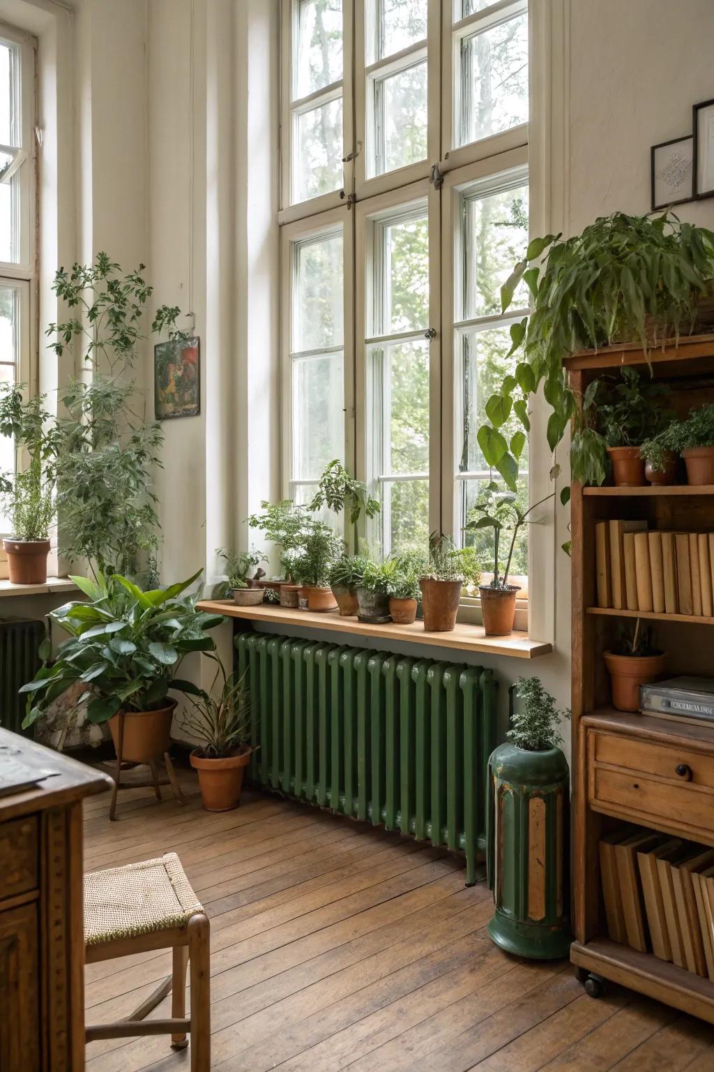 Woodland green radiators radiate natural calm.