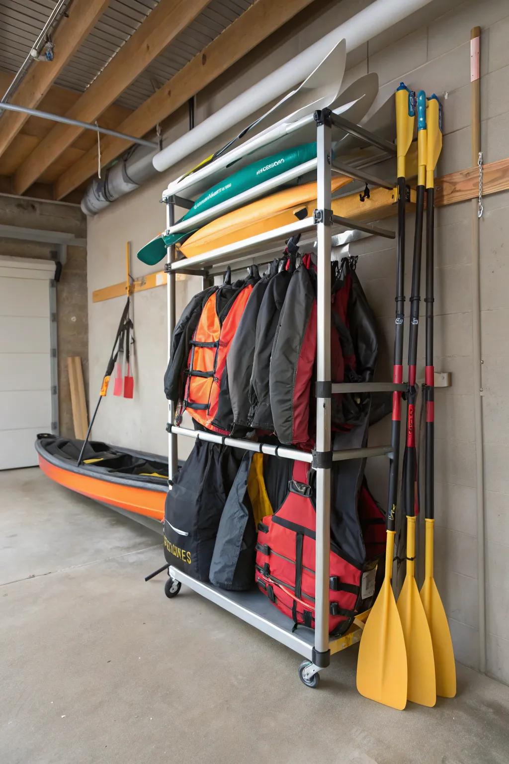 A flexible rack keeps your wave rider and gear tidy effortlessly.