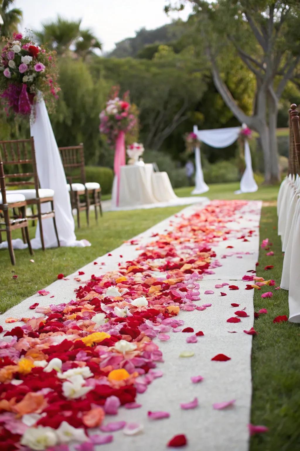 A wedding ceremony pathway lined with prismatic-hued petals.