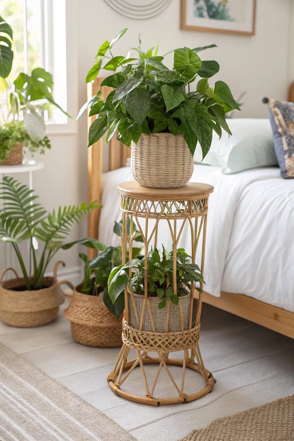 A rattan plant stand introduces greenery and texture to your room.