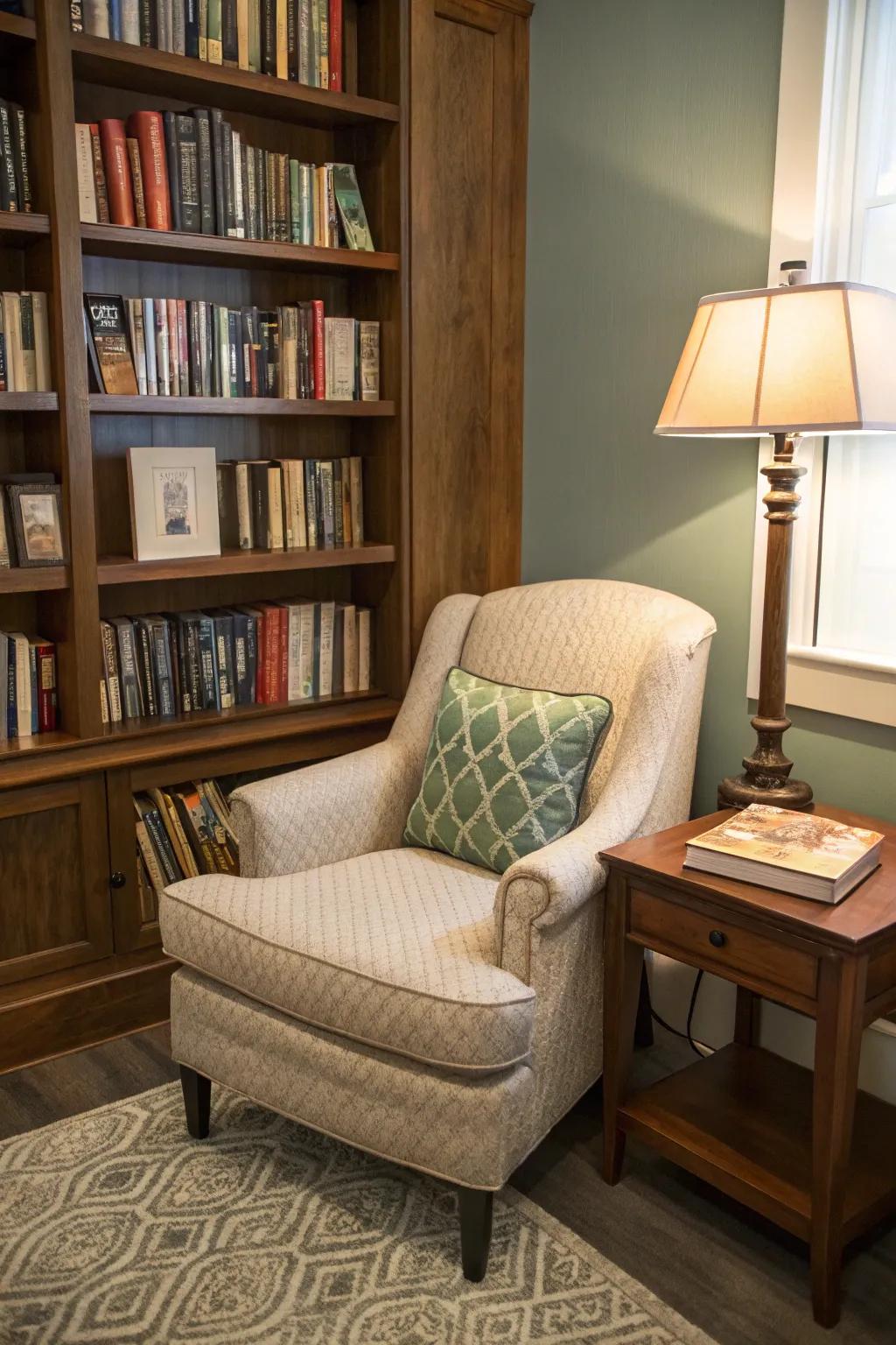 A small corner reimagined as an inviting reading nook.