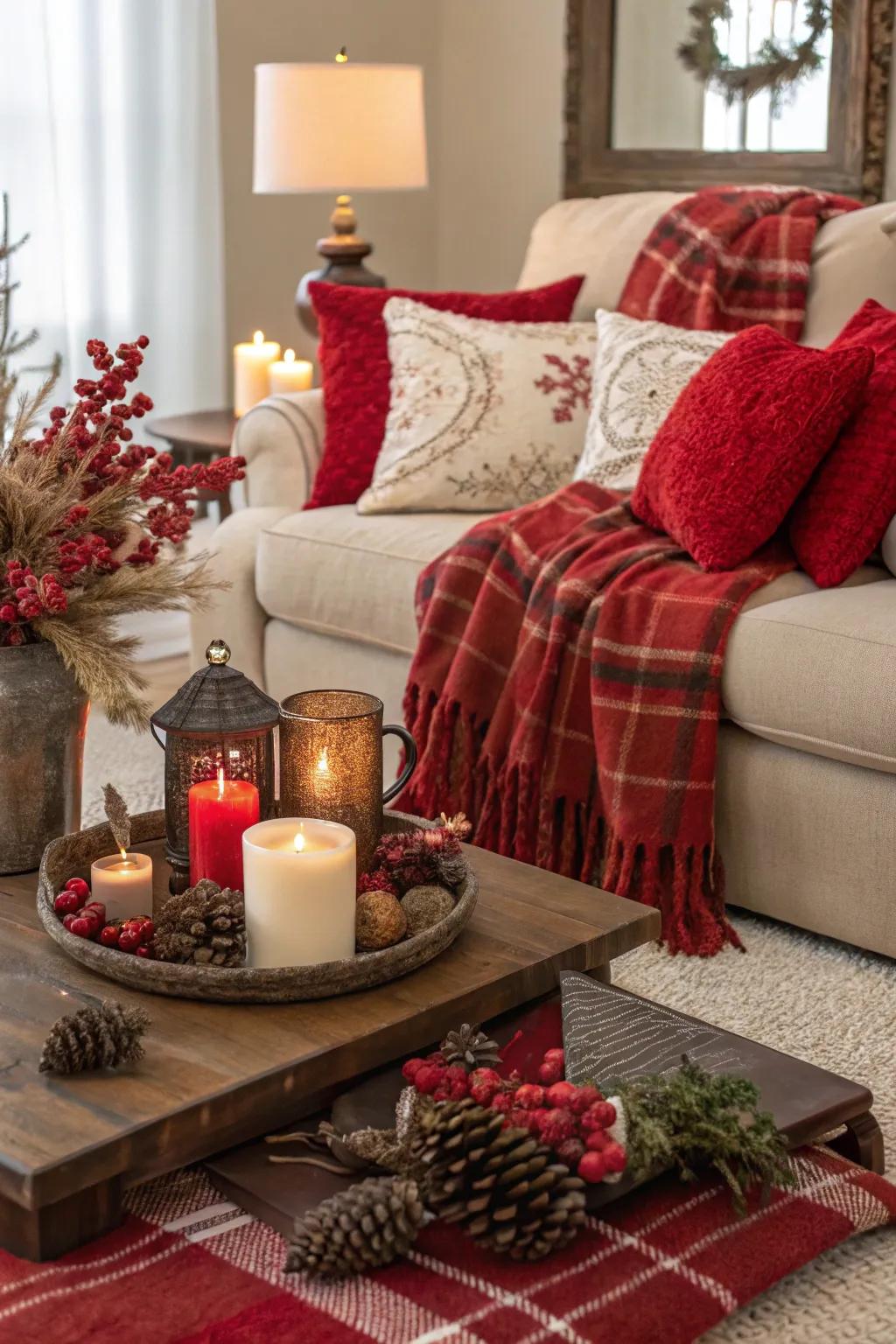 Seasonal decor with scarlet and cocoa accents keeps the space fresh.