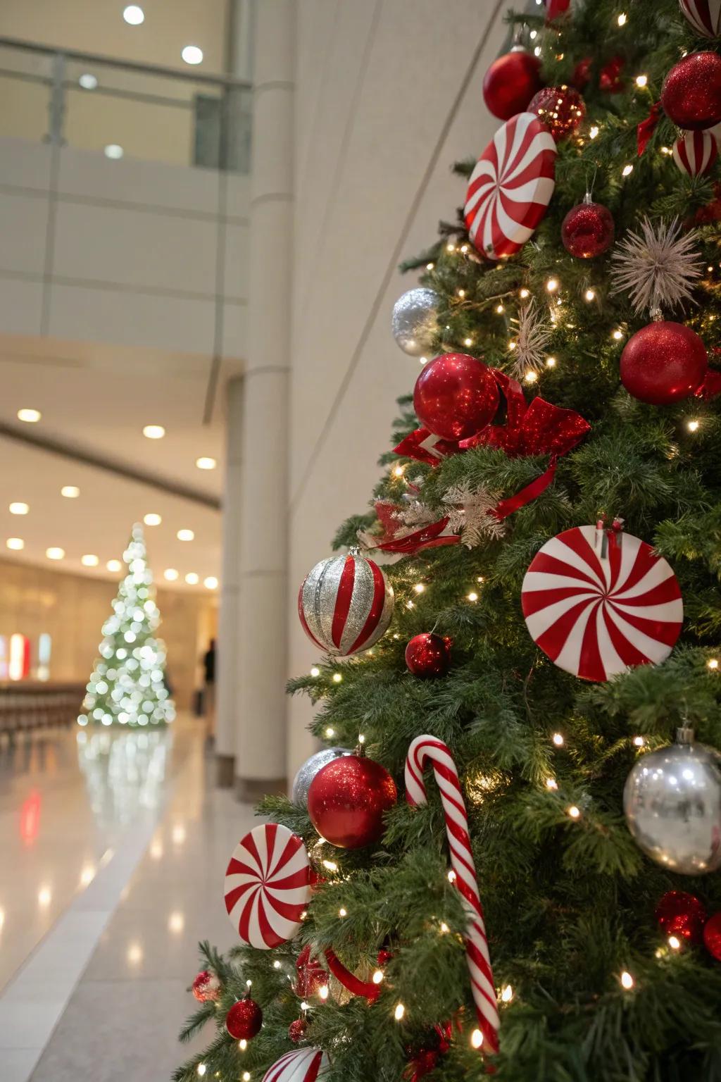 Candy stick designs append a playful charm to your tree.