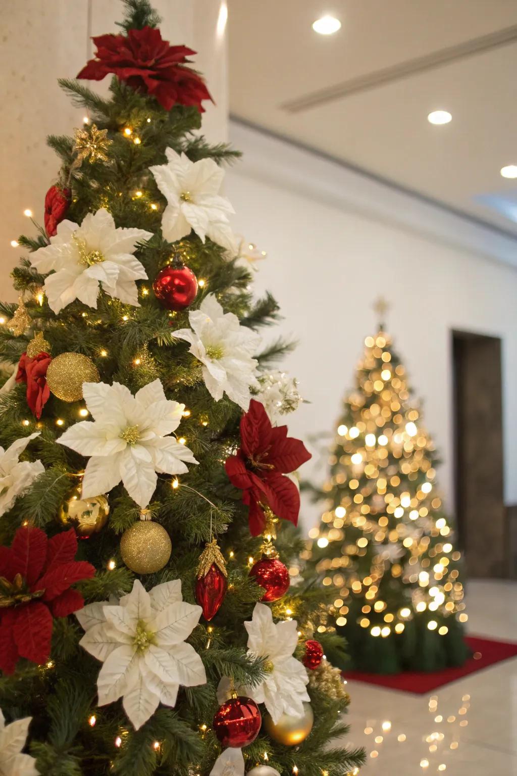 Faux flowers create a lush and elegant floral Christmas tree.