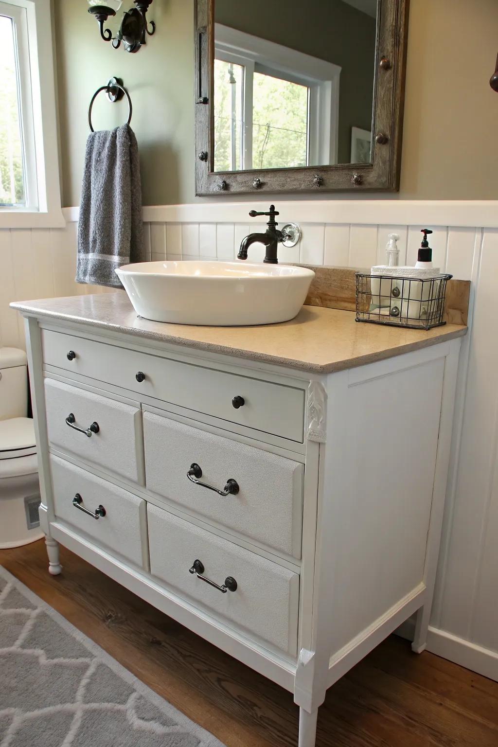 A repurposed dresser sink introduces utility and charm.