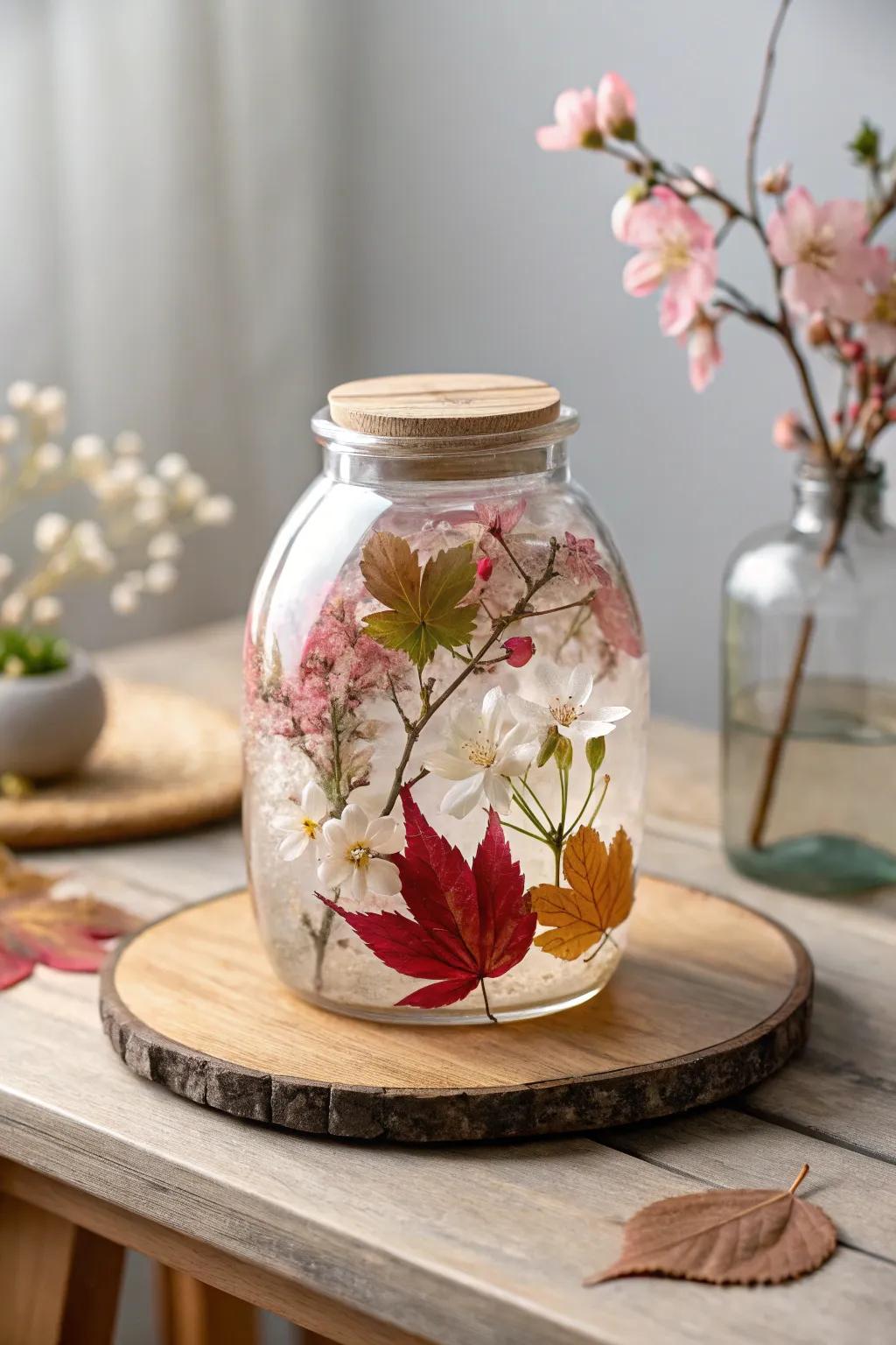 Embrace the seasons' allure with this exquisite resin bottle; a timeless piece of nature's splendor.