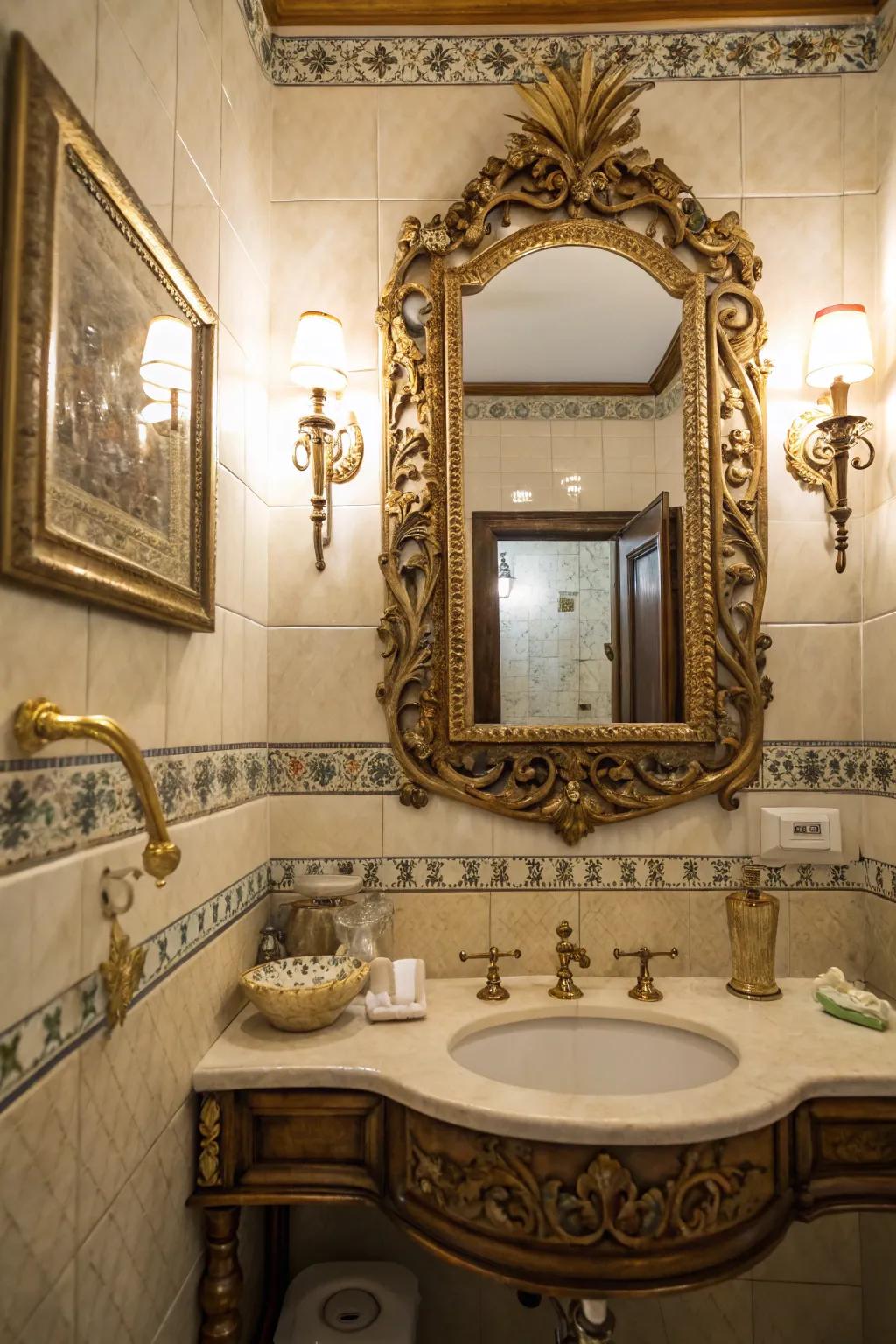 An ornamental looking-glass functions as a stunning focal feature in a retro lavatory.