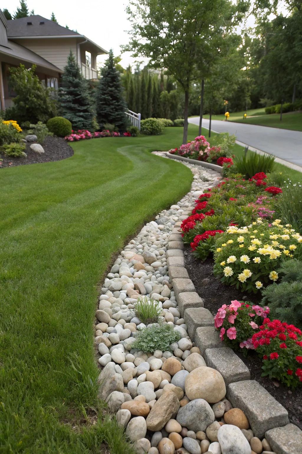 Stone bordering describes and highlights the splendor of lawn and flowerbed locations.