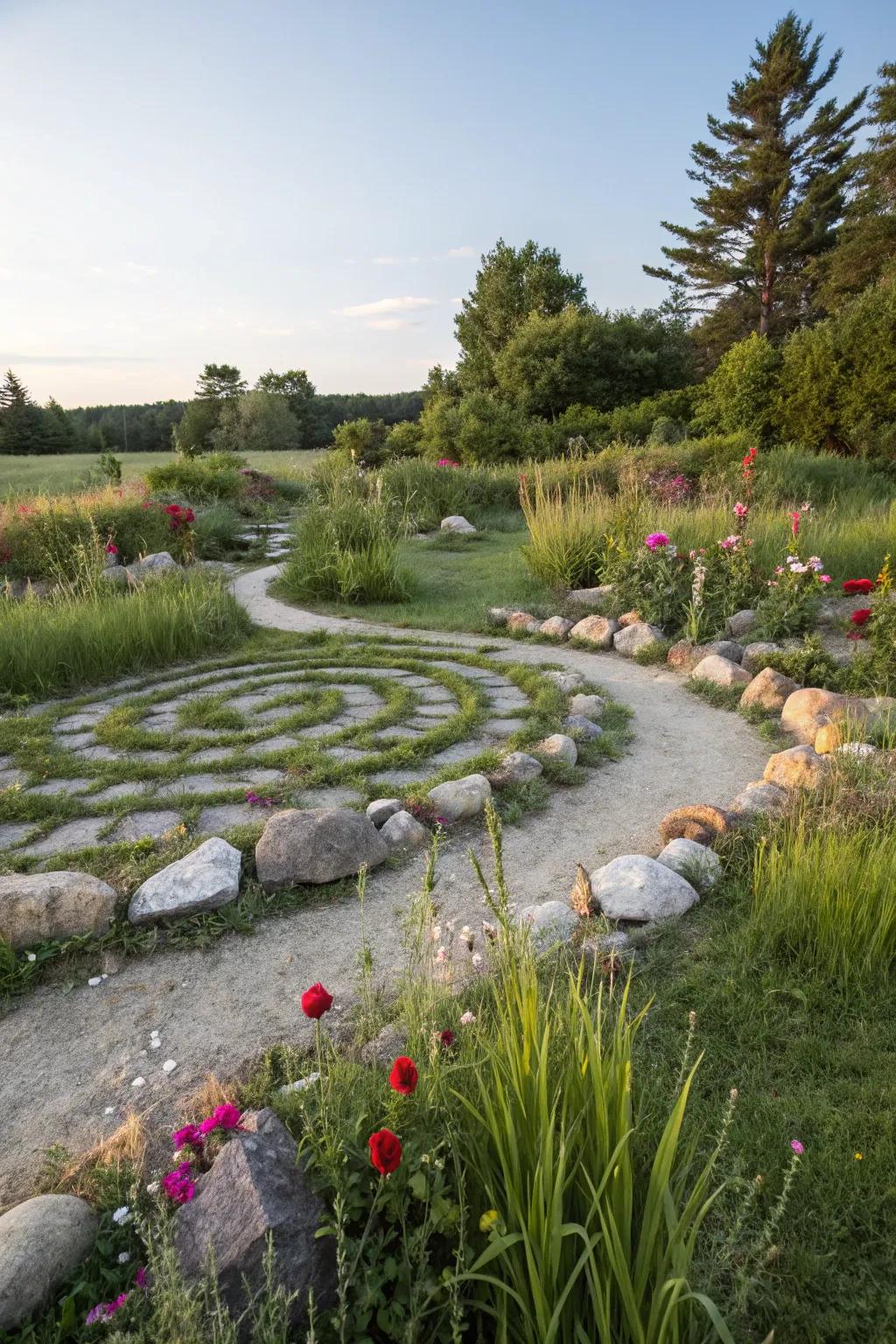 A stone maze brings an element of meditation and uniqueness.
