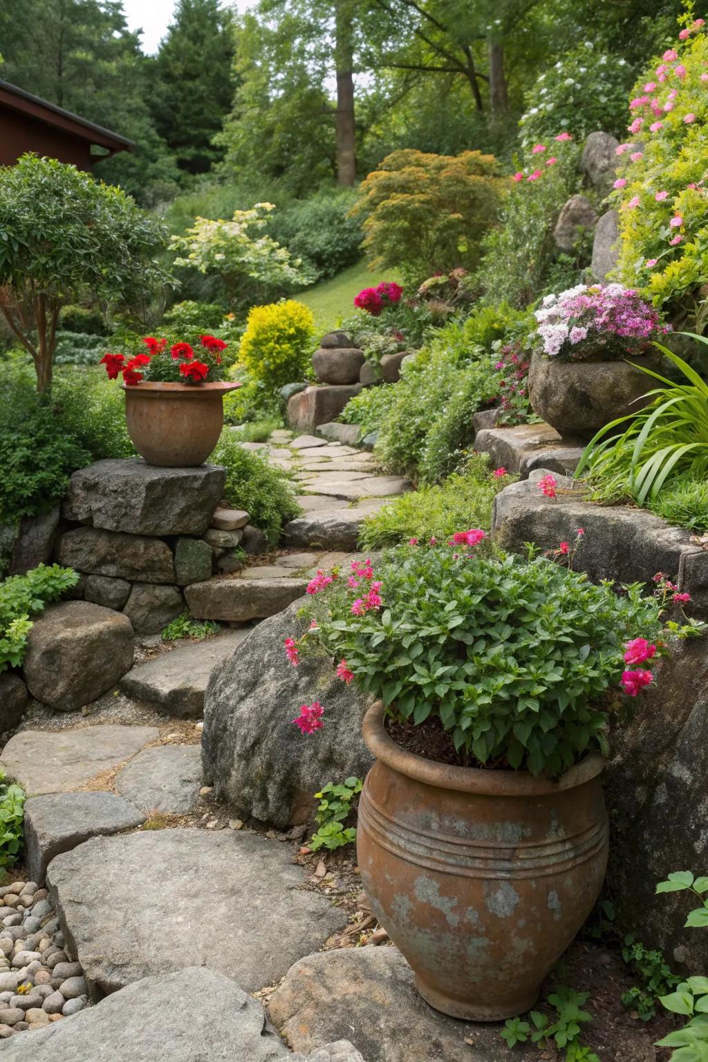 Pots among rocks offer versatility and added color.