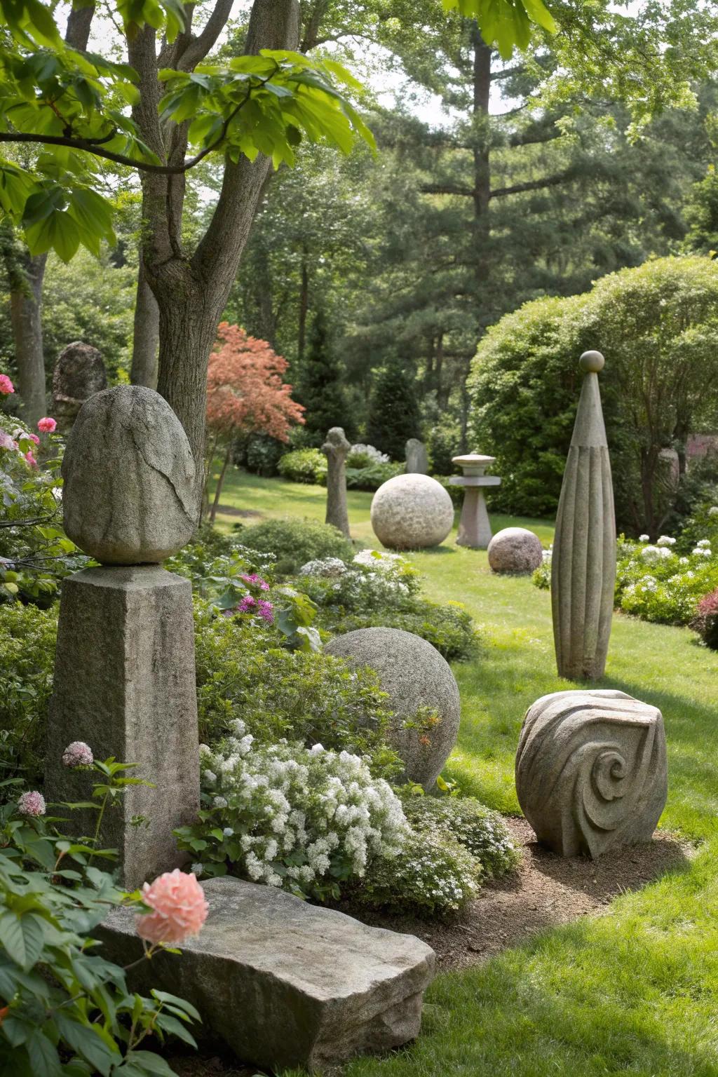Abstract stone statues affixing an artistic element to a garden.