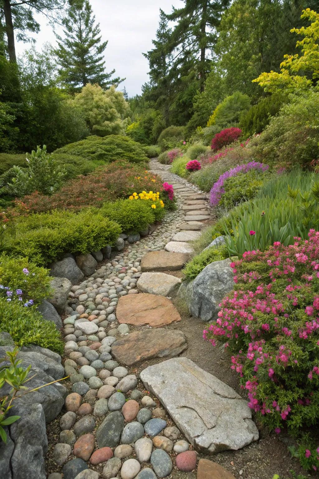 A colorful stone palette highlights garden beauty.