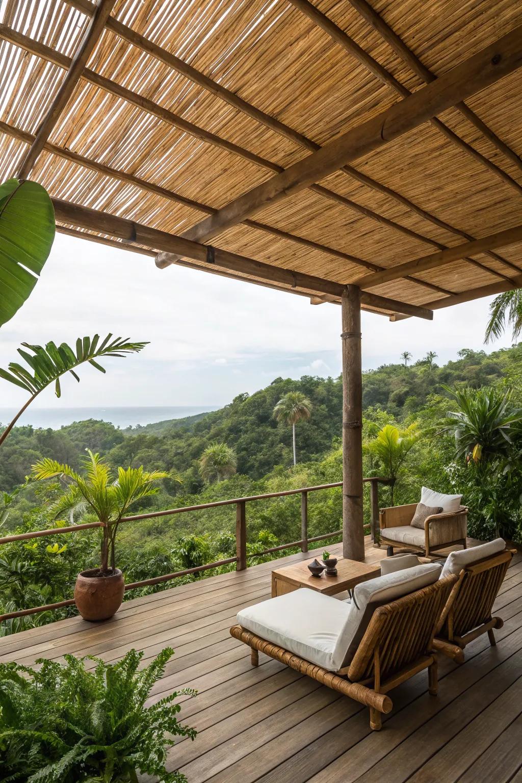 A cane covering brings a hint of the tropics to your deck.