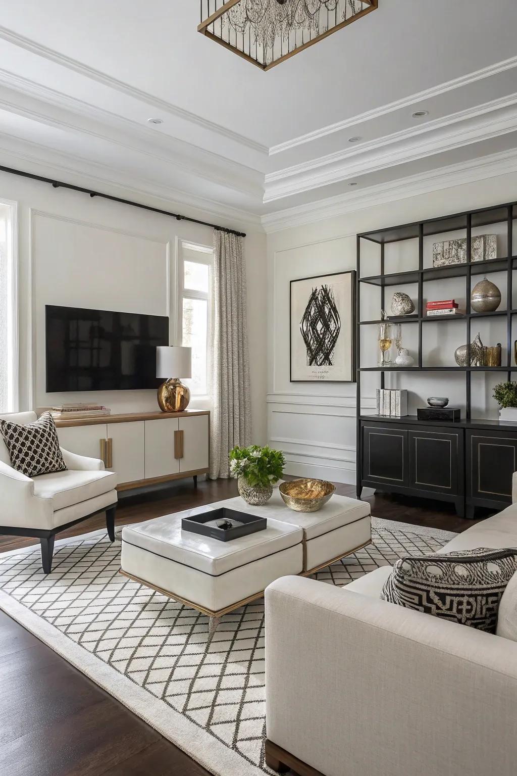 A minimalist living room featuring high-contrast neutrals and sleek style.