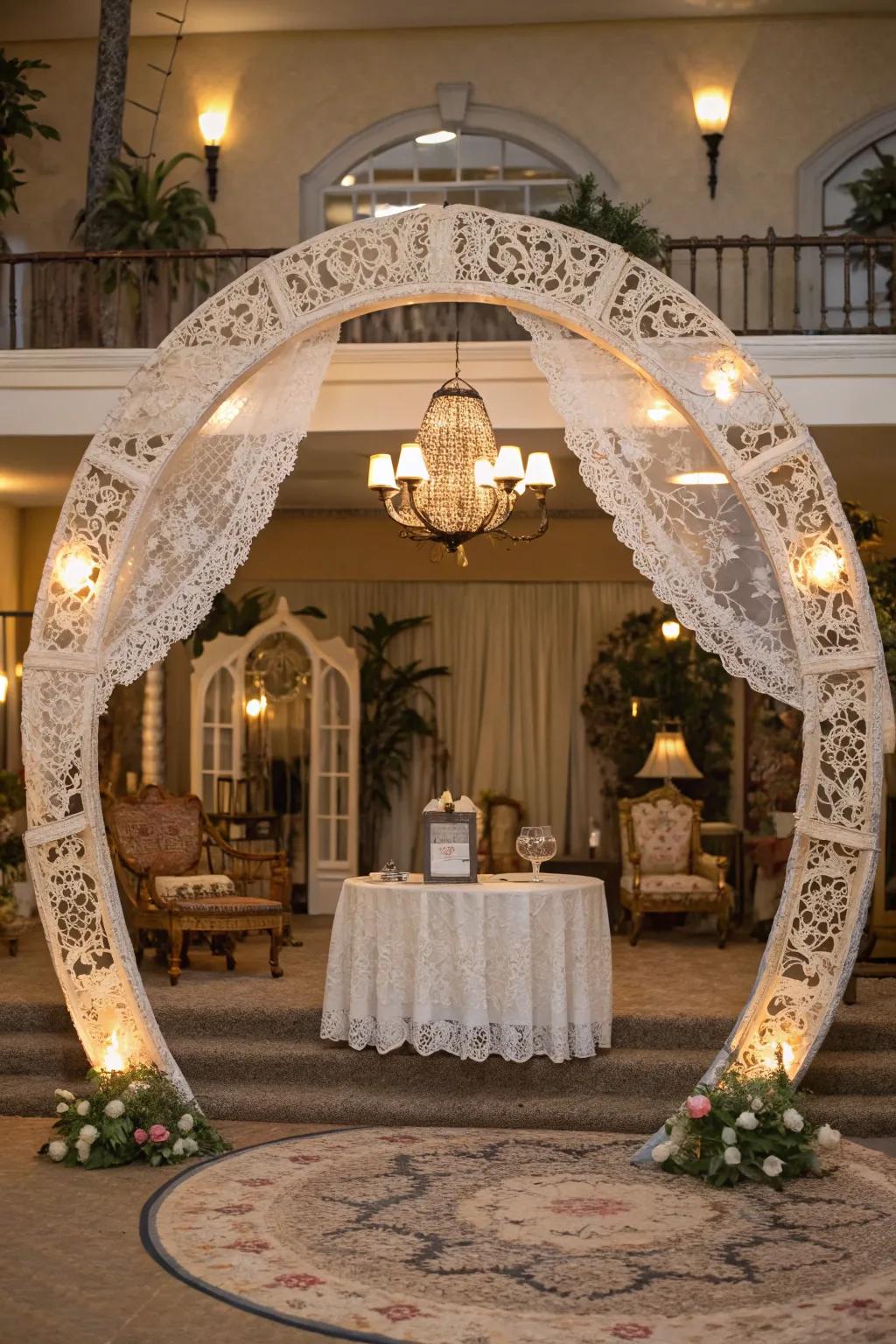 A vintage-themed gateway with lace and antique touches, fashioning a timeless aesthetic.