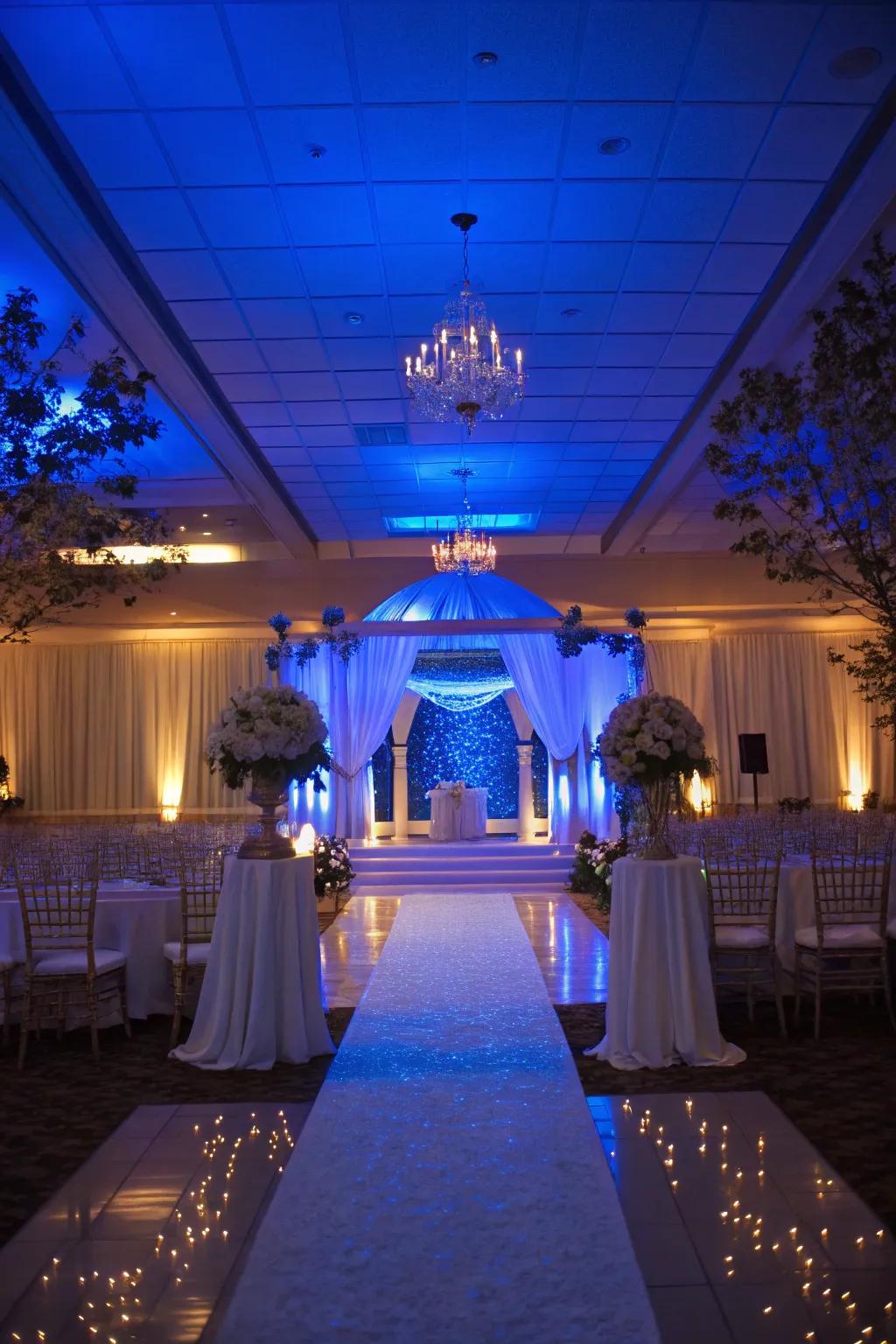 Love-filled ambiance enhanced with sapphire splendor lighting.