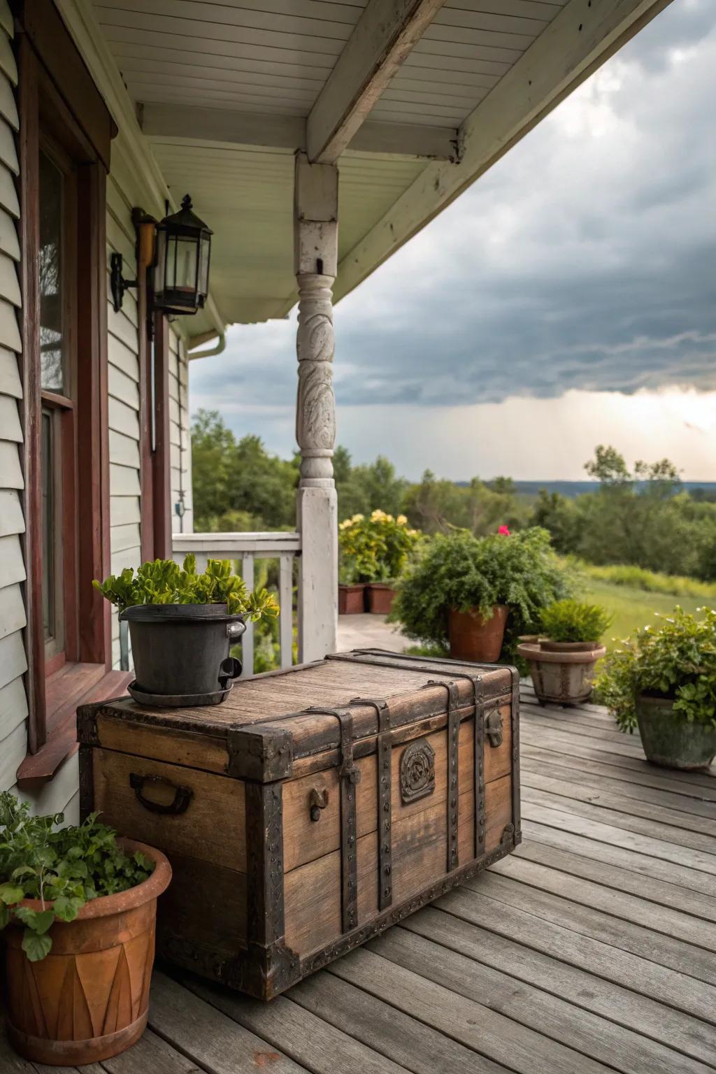 A classic box adds a pretty and useful touch to a rustic porch.