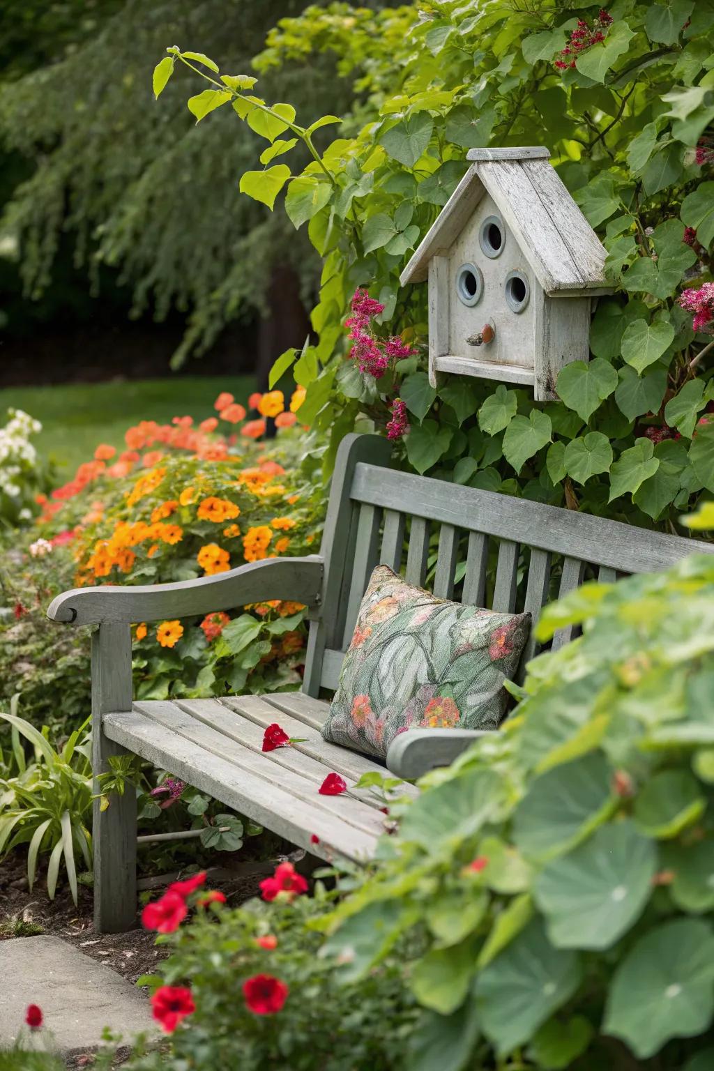 A whimsical garden seat with birdhouse accents on the backrest.