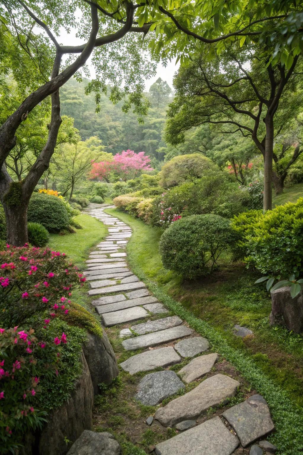 A stone pathway meandering through a countryside garden.