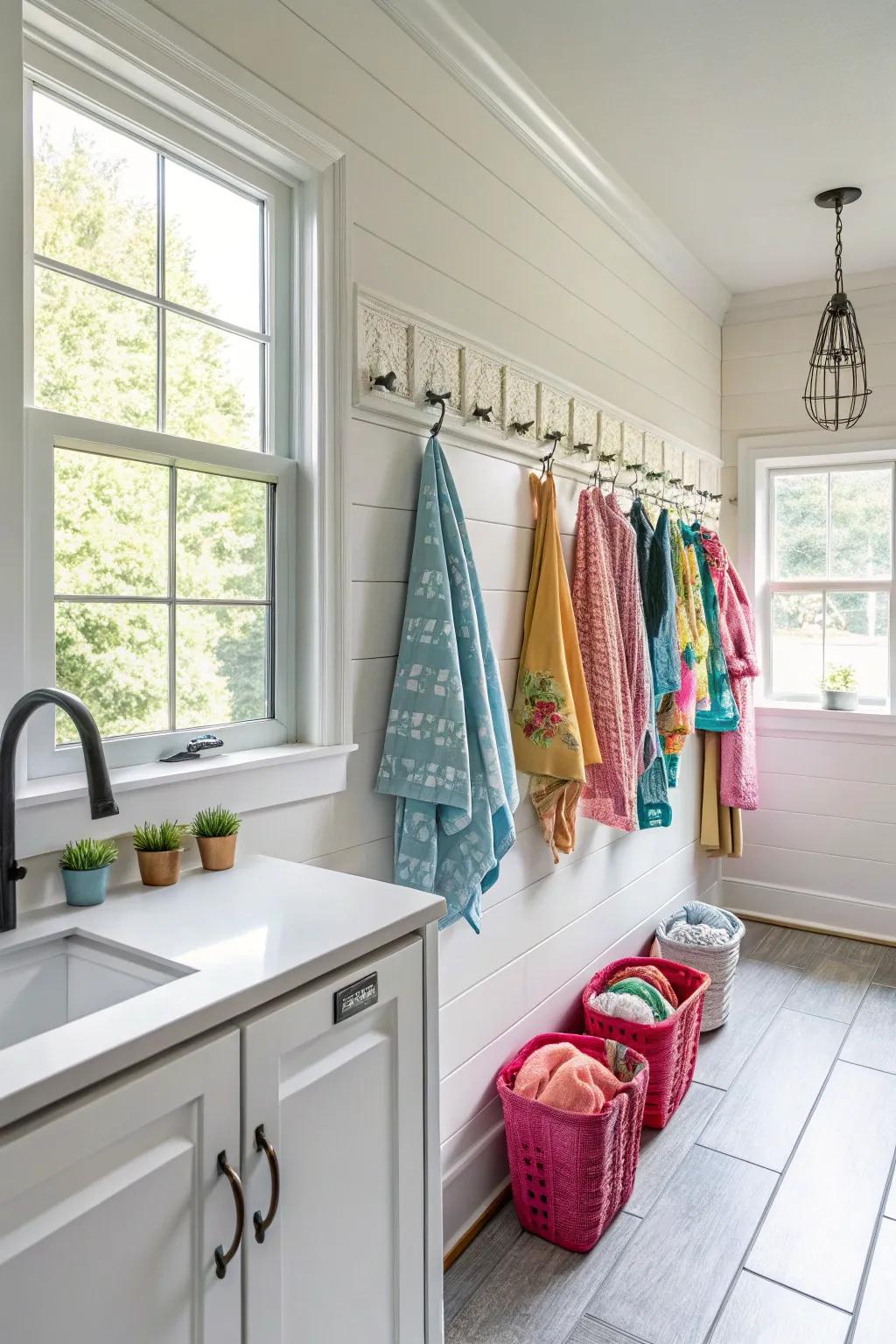 Decorative pegs blend utility alongside countryside style.