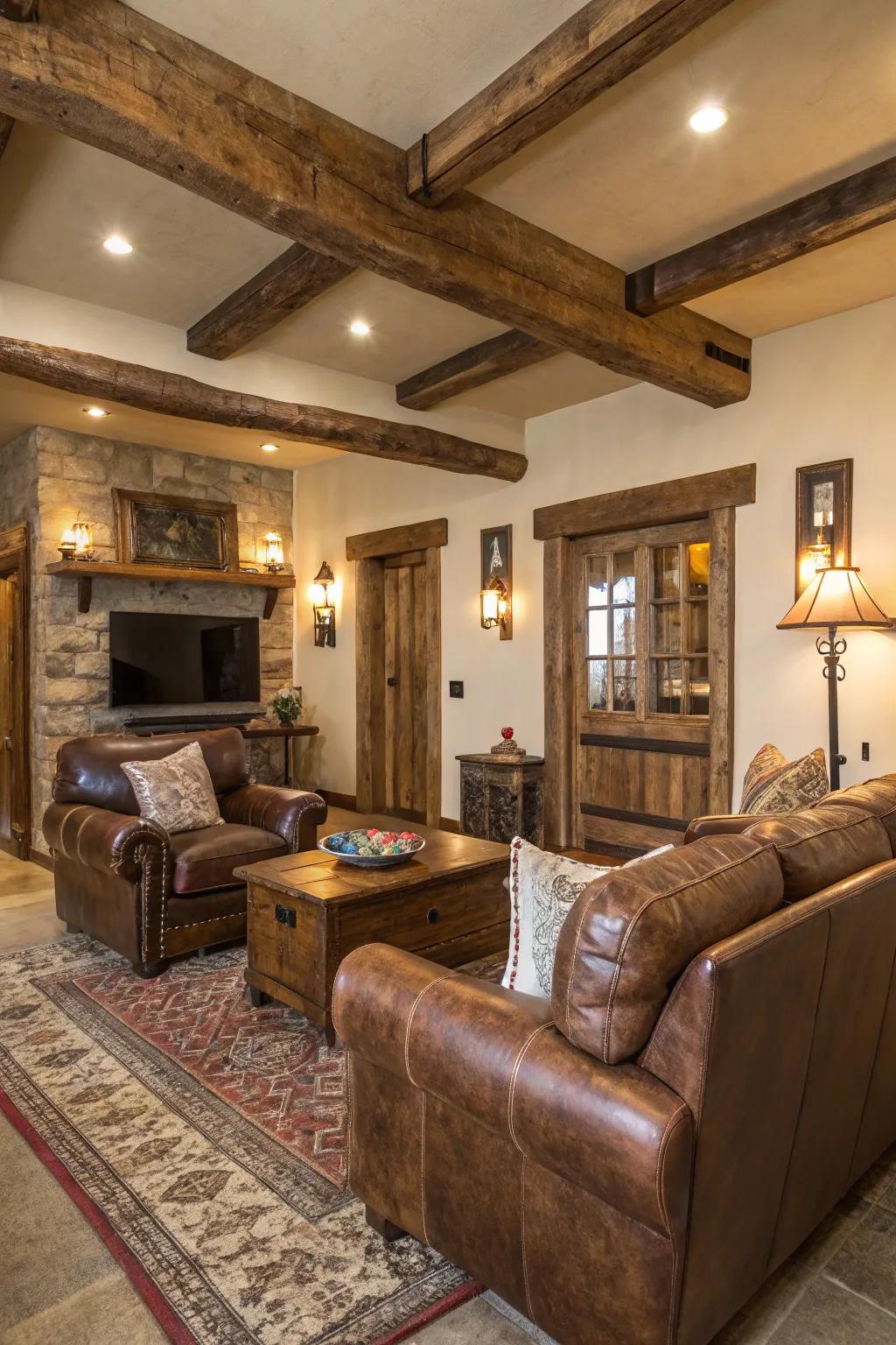 Weathered hide furnishings append ease and persona to country settings.