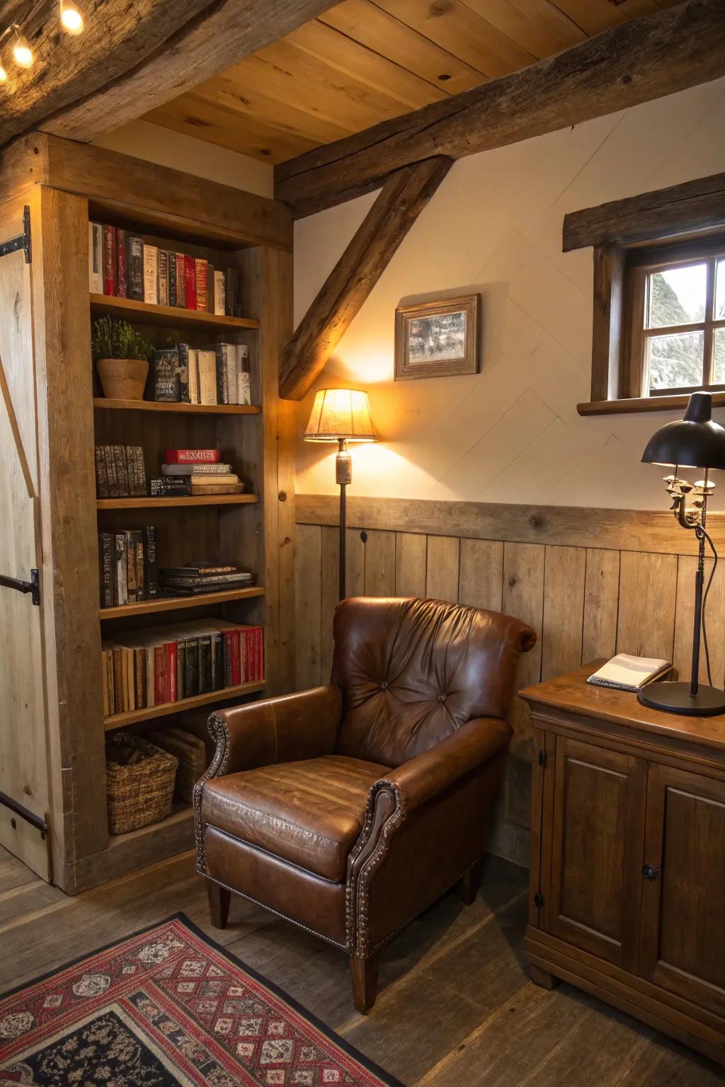 A comfortable reading corner provides a retreat in a country-style office.