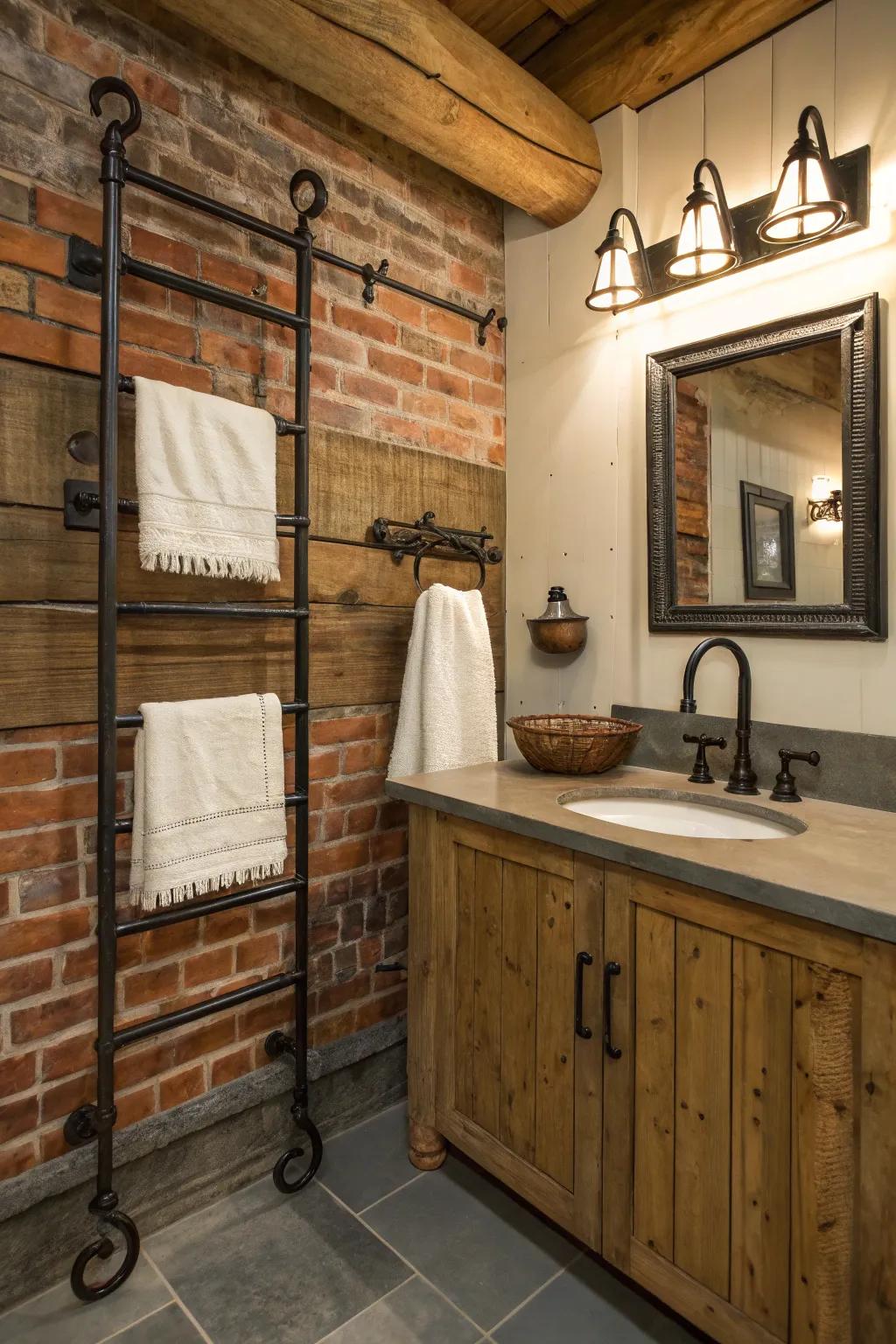 Hand-worked metal towel racks add an industrial, rustic touch.