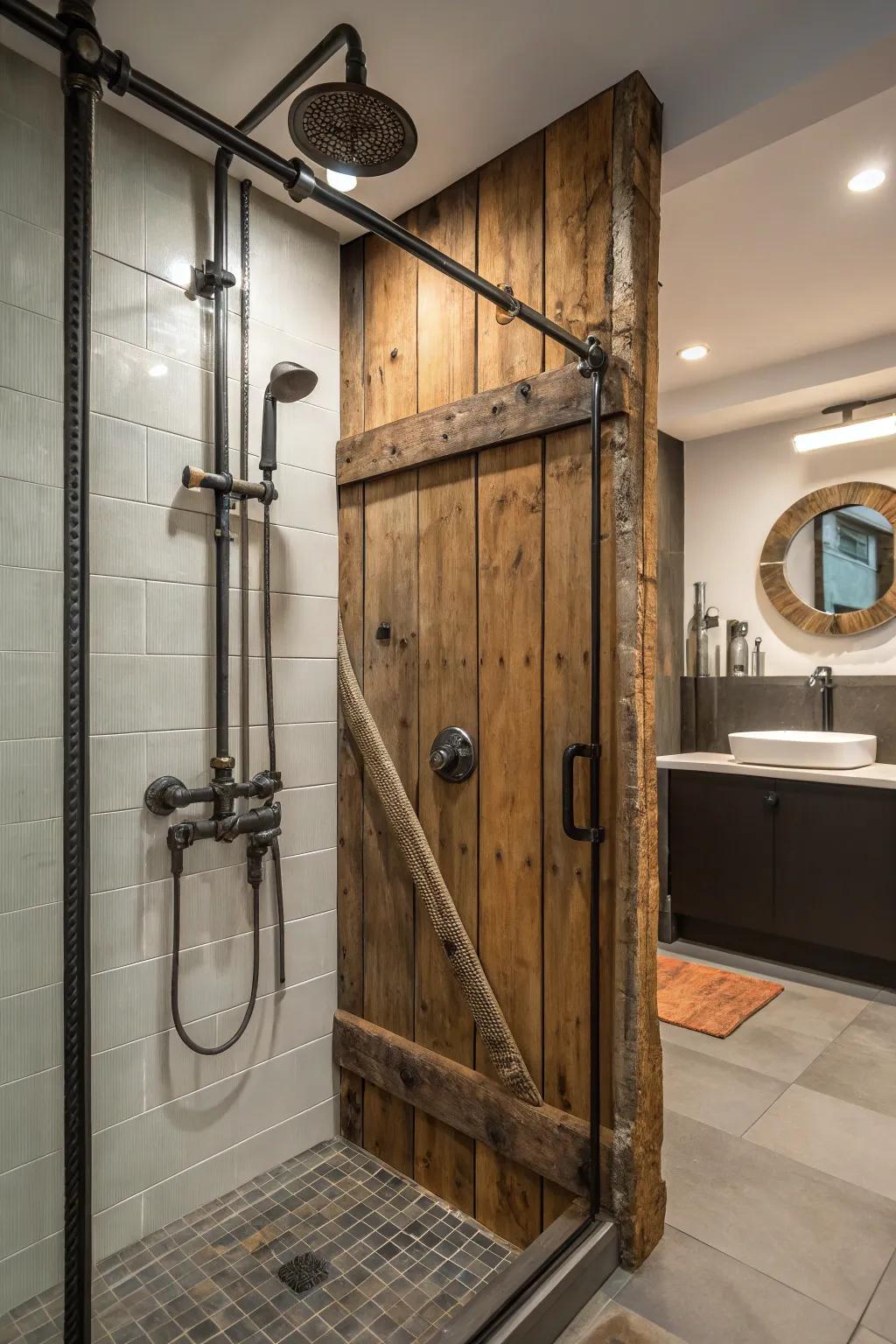 A weathered shower integrating industrial metal elements that impart an inviting and daring touch.