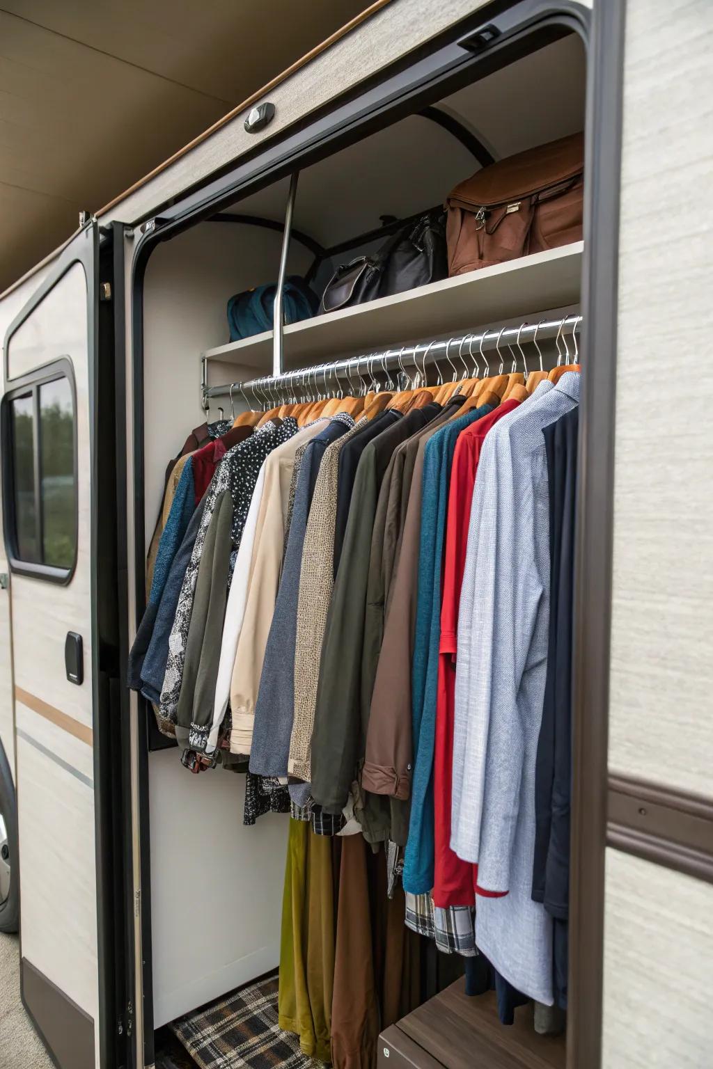 Layered hangers make effective use of vertical space in an RV closet.