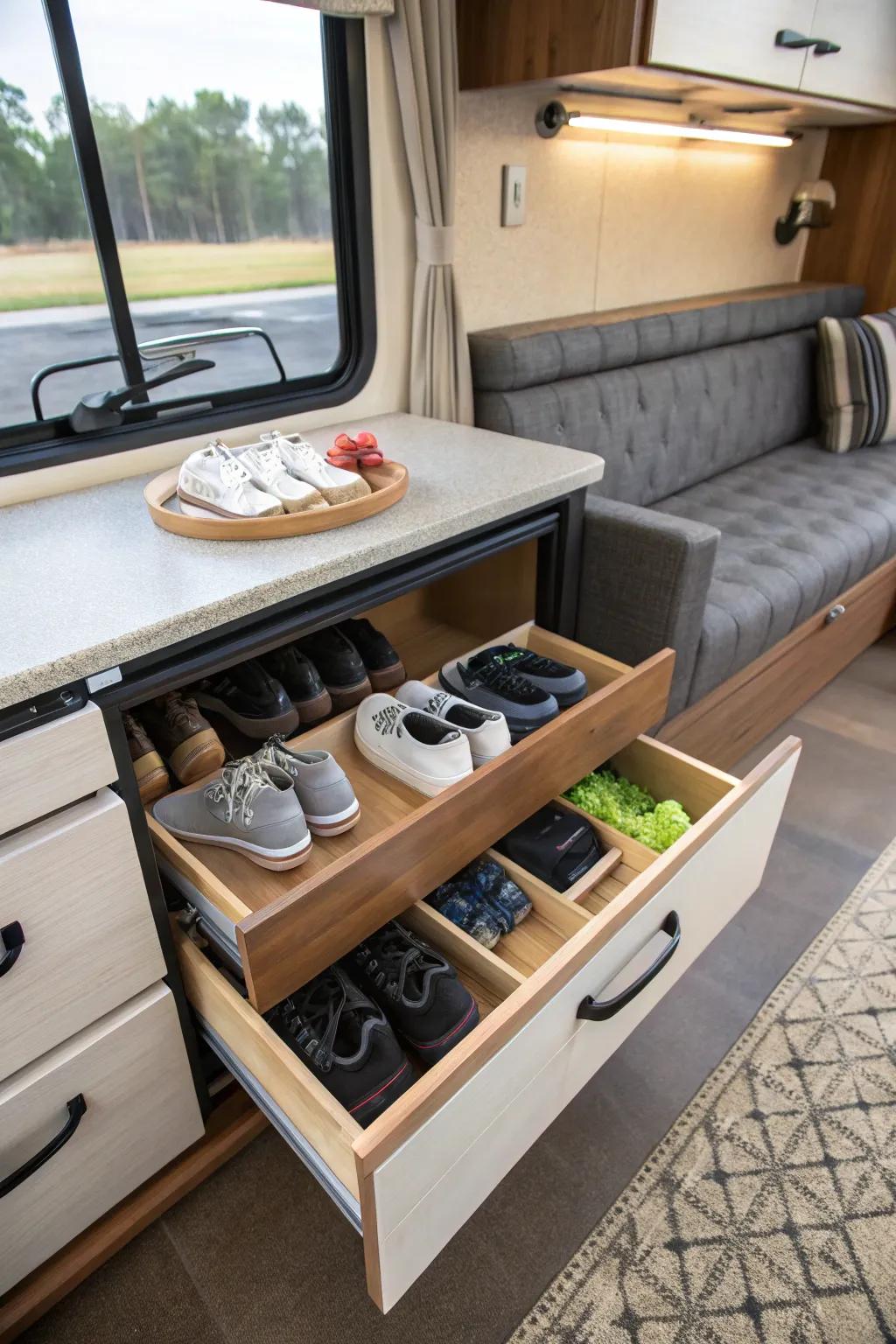 Hide your shoes in plain sight beneath the dinette.