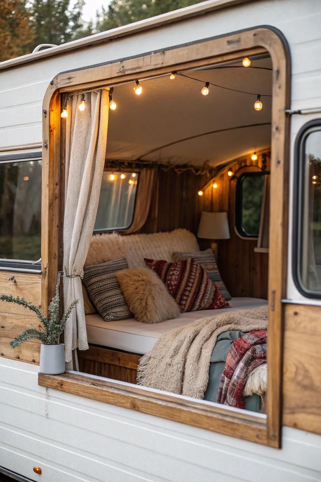Weathered wood frames add a cozy, cottage-like charm to RV windows.