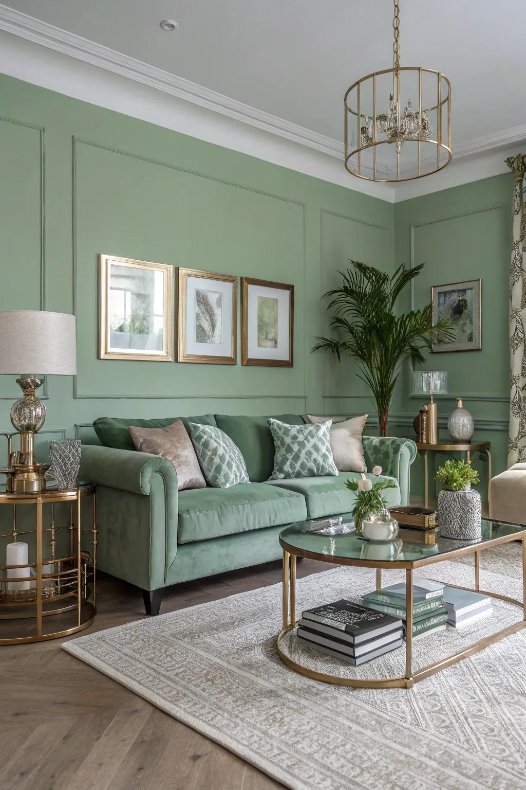 Metallic touches introduce an elegant shine to sage green interiors.