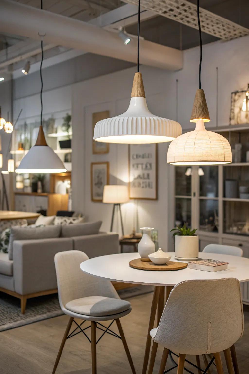 Modern lighting fixtures brighten this Scandinavian interior.