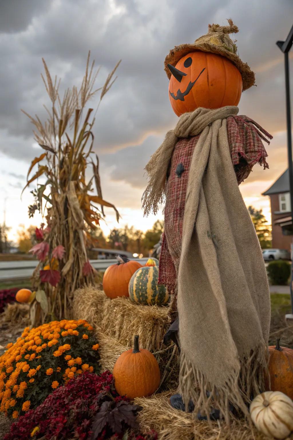 A burlap scarf adds a rustic touch to the scarecrow pumpkin.