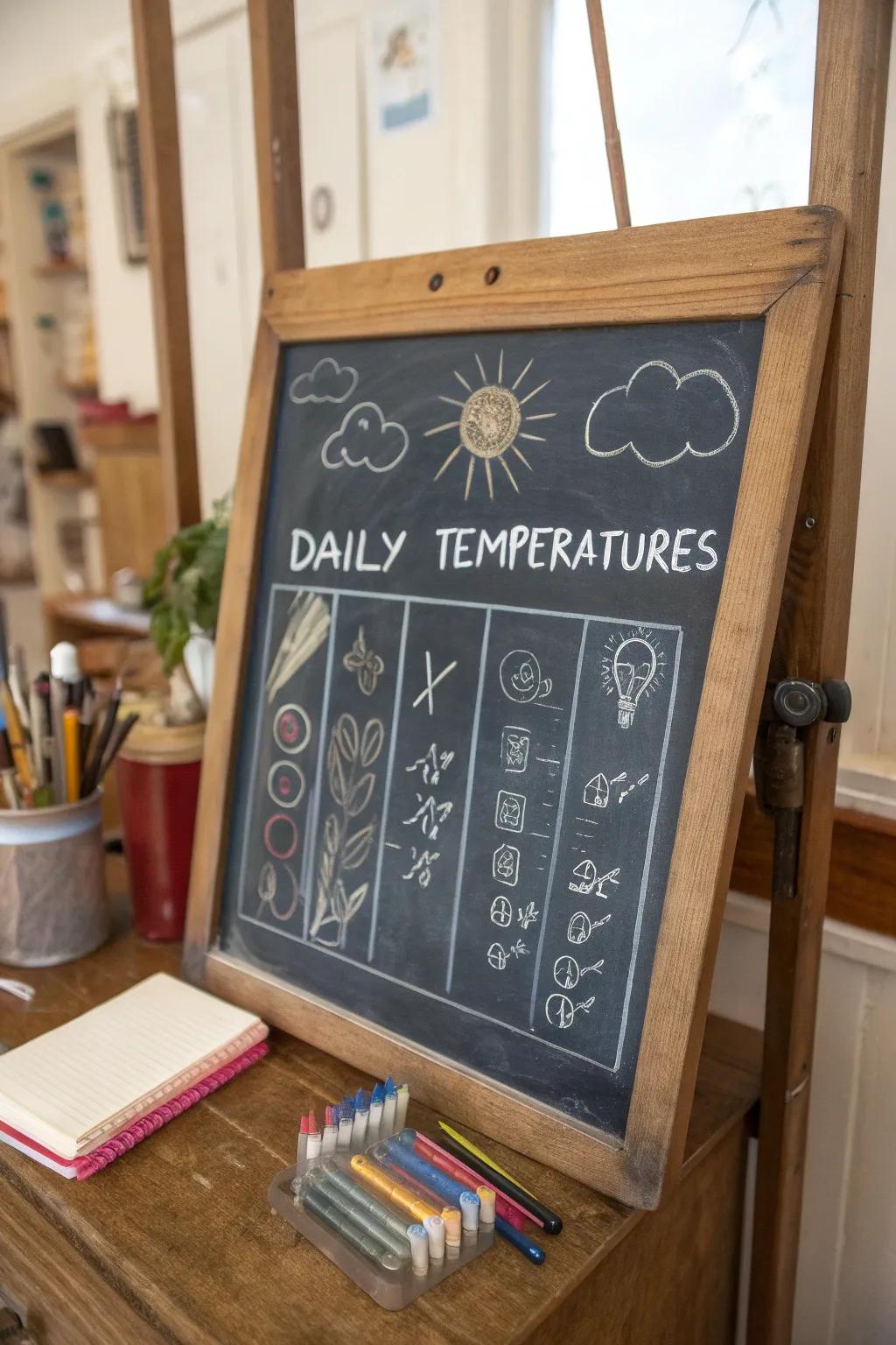 A chalkboard with a beautifully sketched weather tracker monitoring daily temperatures.