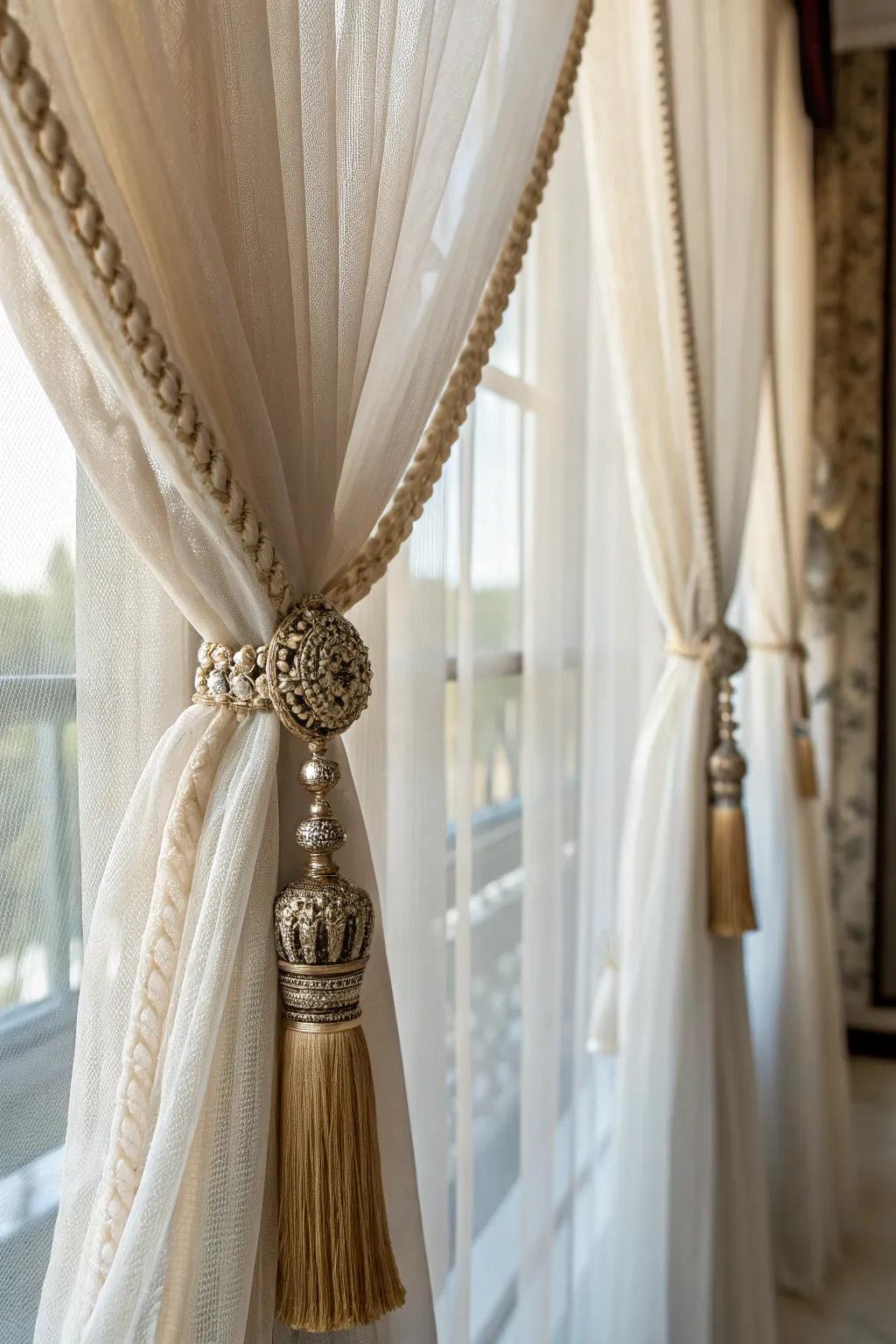 Elegant touches like fasteners and drape rods amplify the sophistication of wispy curtains.