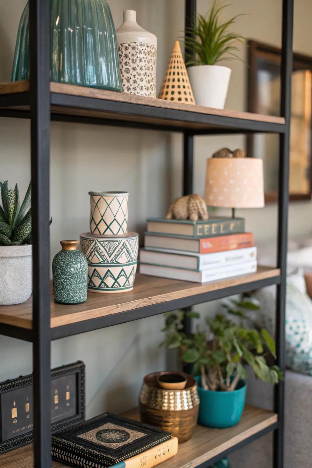 Overlapping adds dimension and interest to the shelf.