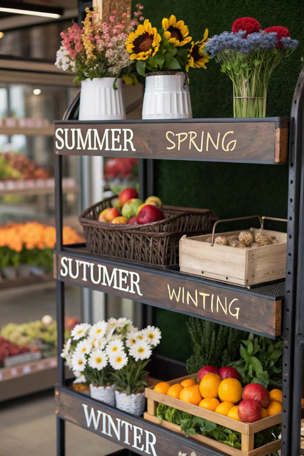 Shelves featuring diverse compositions for seasonal shifts.