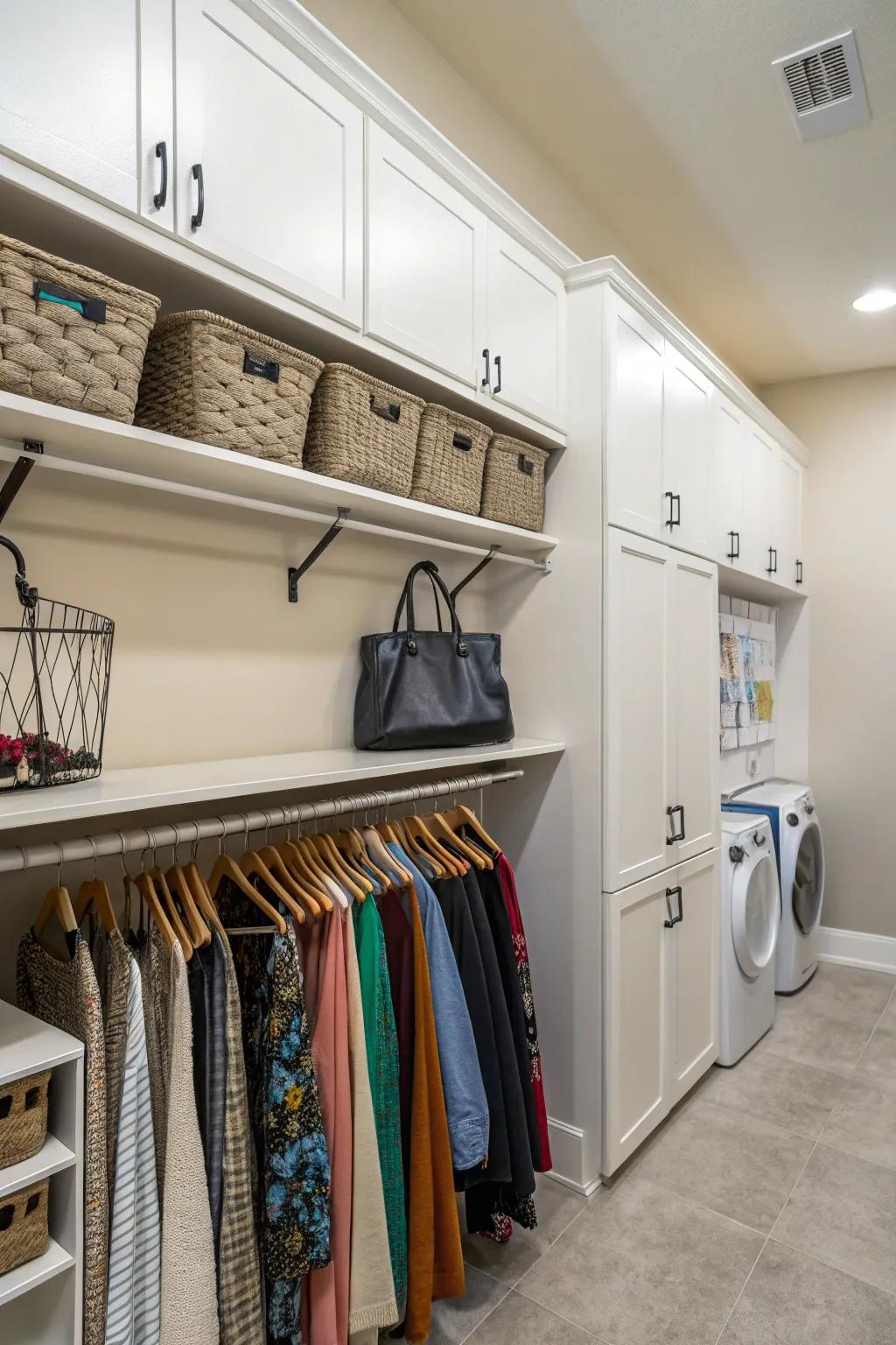 Shelves in a utility area are equipped with hooks and rods to provide adaptable storage options.