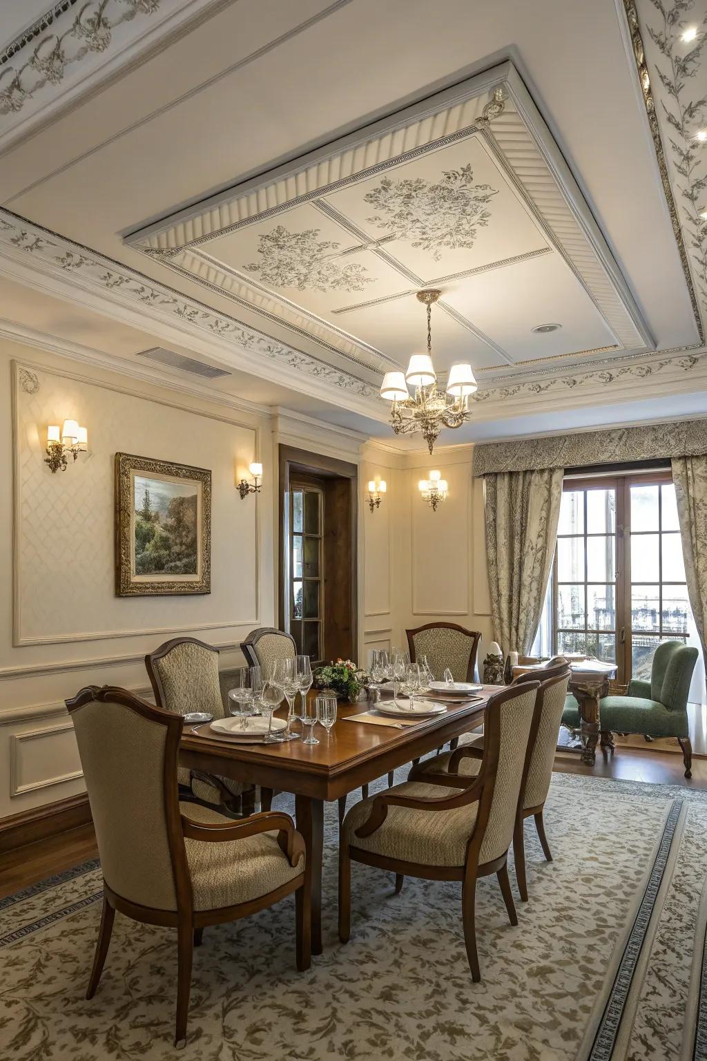 A polished shiplap ceiling encased in ornamental trim.