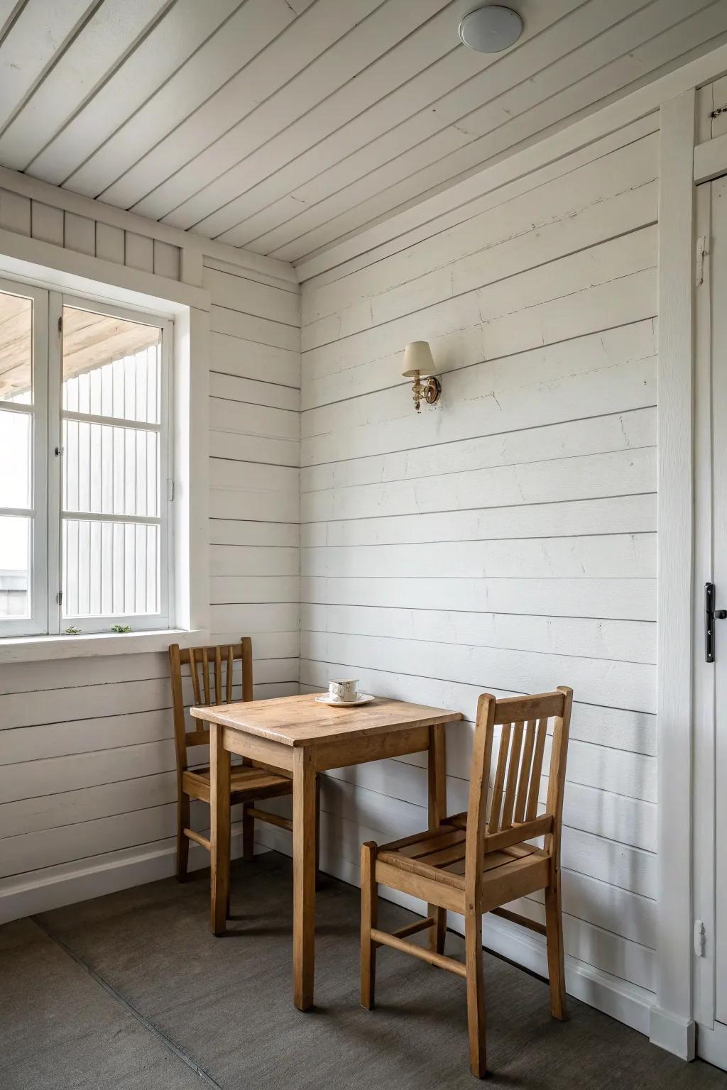 A simple design dining room with clean lines and wood-panel walls.