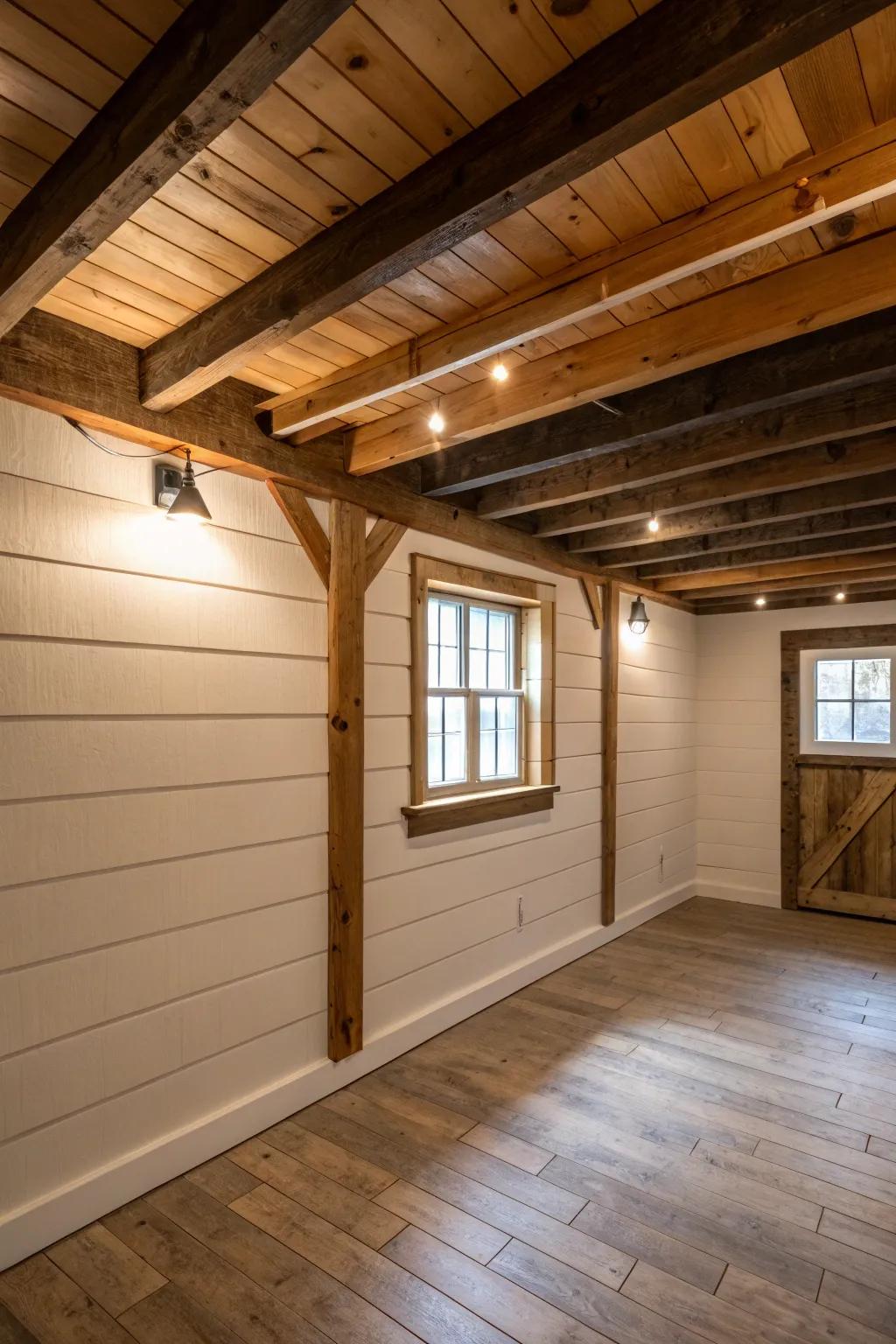A welcoming rustic design with shiplap and beams.