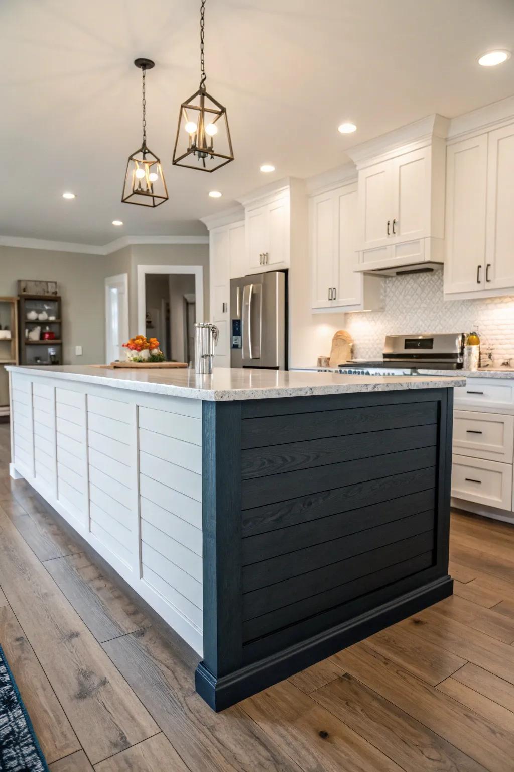 Dual-tone shiplap island creates a striking visual effect.