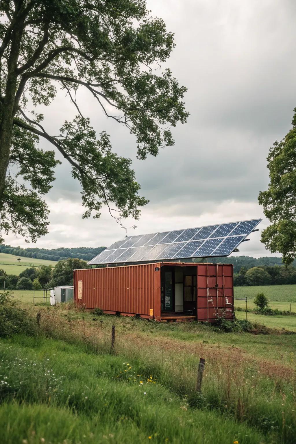 A cargo box barn run entirely by energy from the sun, located far from any electrical infrastructure.