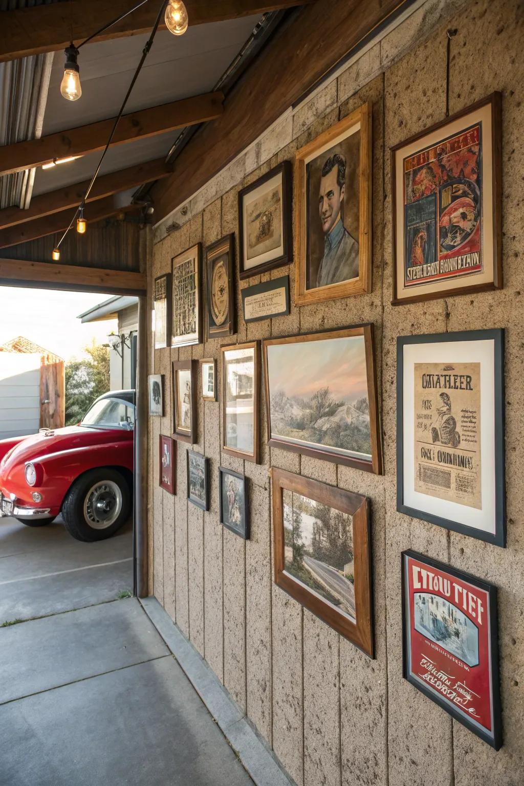 A garage wall ornamented with vintage-themed art.