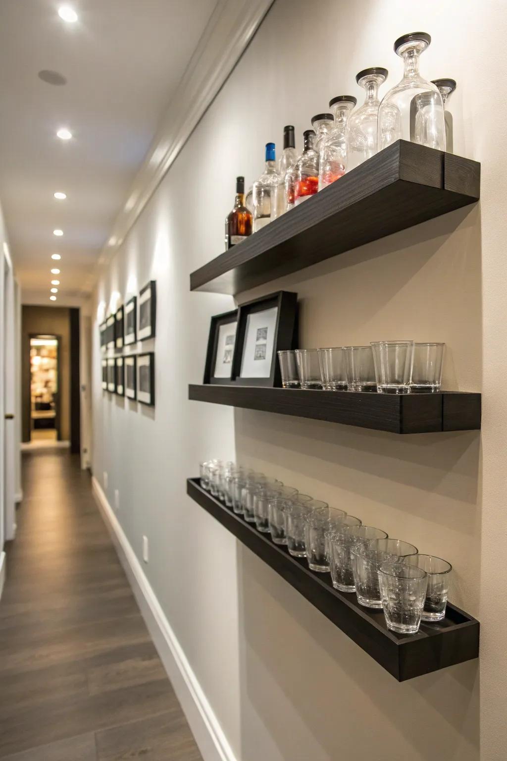A corridor showcasing weightless racks bearing shot glasses, engendering a minimalist aesthetic.