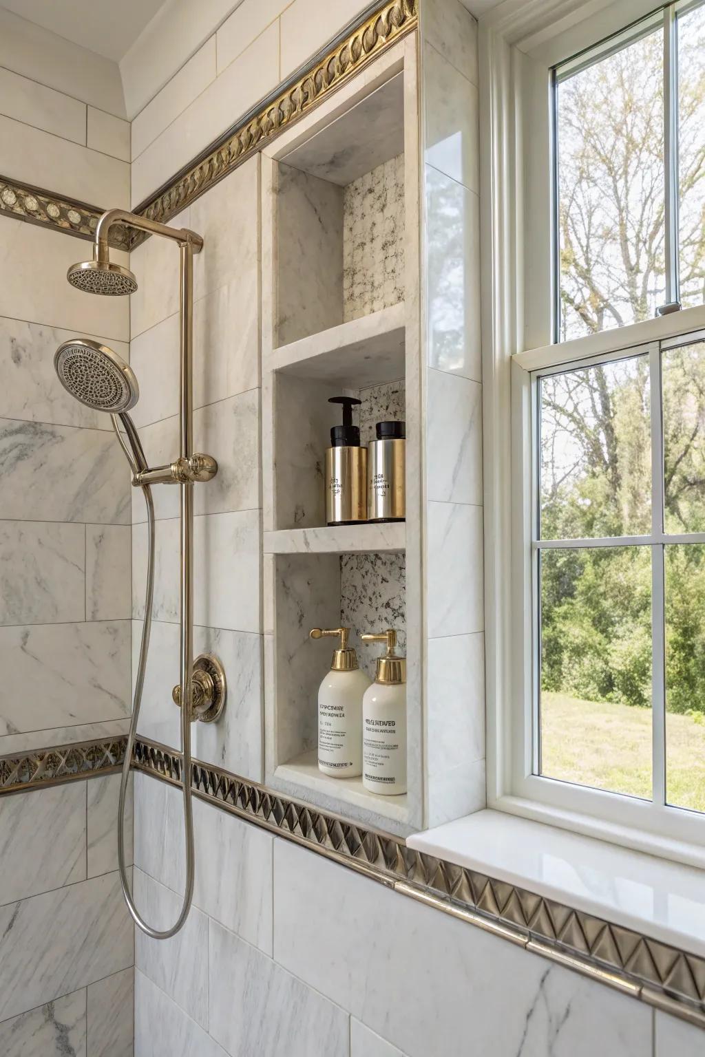 Metallic touches introducing a hint of luxury to a shower recess